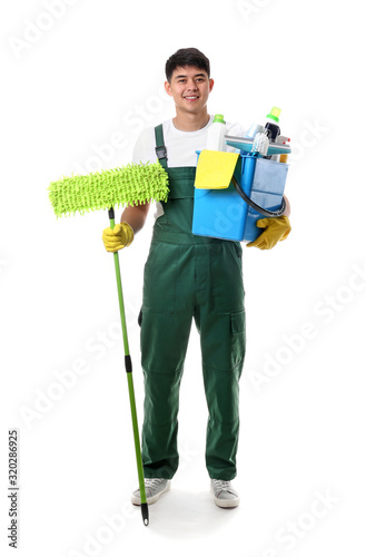 Asian janitor with cleaning...