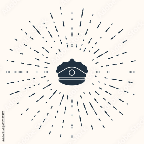 Grey Police cap with cockade icon isolated on beige background. Police hat sign. Abstract circle random dots. Vector Illustration