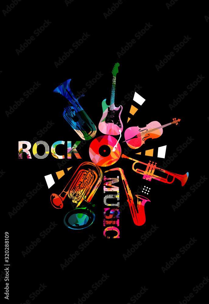 Obraz premium Music promotional poster with colorful instruments vector illustration. Artistic music background, music show, live concert events, party flyer design template