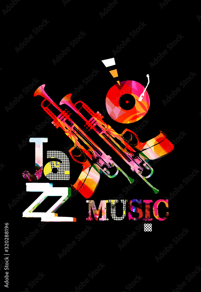 Jazz music promotional poster with colorful trupet and vinyl record disc vector illustration. Artistic music background, music show, live concert events, party flyer design template