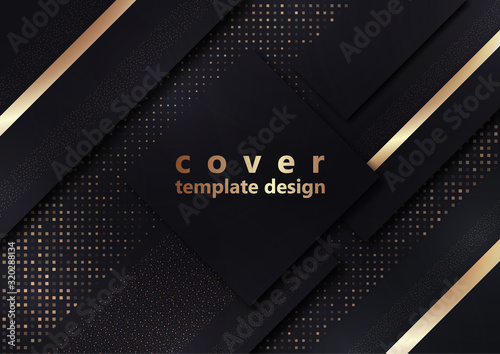 Black geometric shapes on a background of halftones from squares. Inclined stripes and small particles of gold color. Universal template for cover design, business card, flyer.