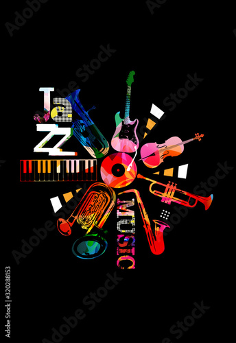 Music promotional poster with colorful instruments vector illustration. Artistic music background, music show, live concert events, party flyer design template