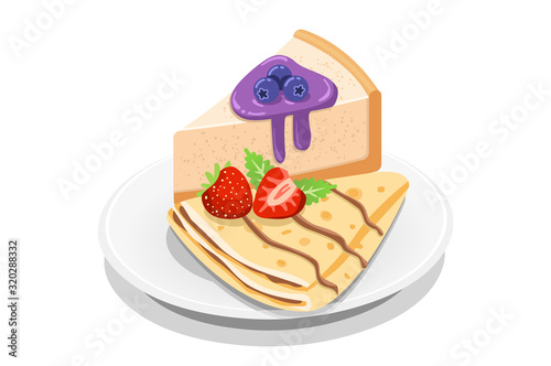 Confectionery flavor symbol. Appetizing taste, delicious tasty of food. Fast meal, fastfood concept. Backery snack with crepes or cheesecake. Conceptual symbolic cartoon, flat vector illustration.
