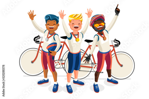 Crowd of persons celebrate xxxii summer games athletics medal. Sportive people celebrating cycling team. Cyclist athlete symbol on victory celebration. Sports cartoon symbolic flat vector illustration