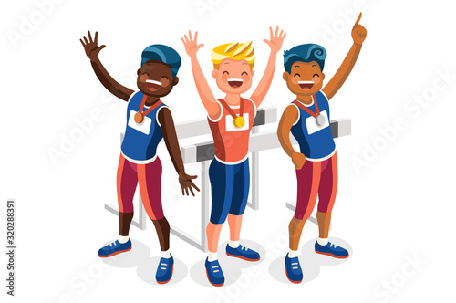 Crowd of persons celebrate xxxii summer games athletics medal. Sportive people celebrating hurdles team. Hurdler athlete symbol on victory celebration. Sports cartoon symbolic flat vector illustration