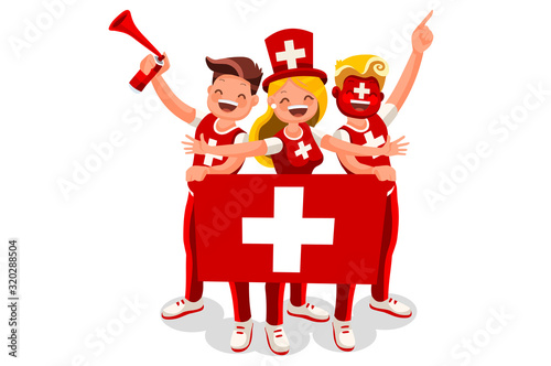 Swiss people  Crowd of persons celebrate national day with a flag.  Celebrating a football team. Soccer symbol and victory celebration. Sports cartoon symbolic flat vector illustration