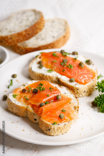 smoked salmon toast with cream cheese and pickle