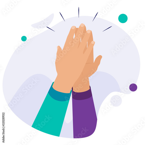 High five concept for success, teamwork. Hands in a gesture of success. Two hands giving high five for great work. High five - symbol of excellent teamwork. Concept cooperation, partnership, teamwork
