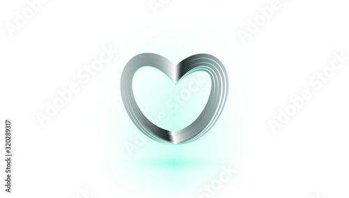 Stylized metal (steel, silver, etc.) heart with neon lights on a white background. A completed image or design element for postcards, covers, website, etc.