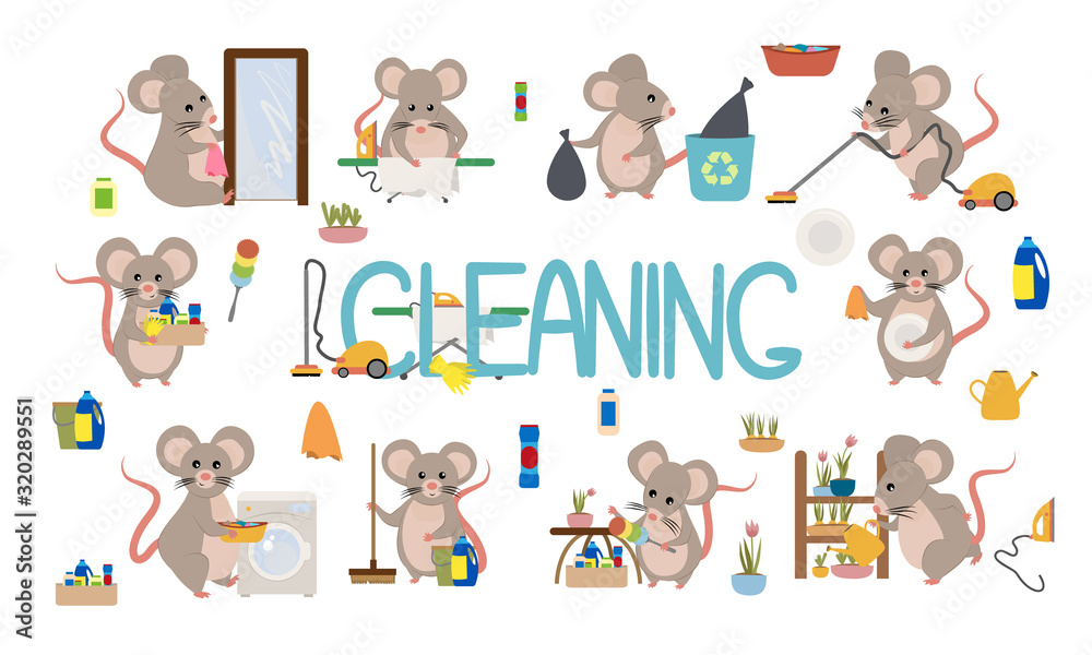 Set cute mice and rats doing housework. Rodents throw out garbage, wash dishes, wash clothes in a washing machine, vacuum clean, iron clothes, wipe mirrors, water flowers and do cleaning. Flat cartoon