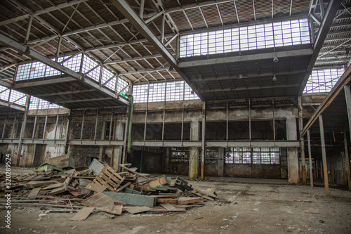 Interior of an abandoned industrial workshop. MIG Aircraft Building Plant in Moscow, Russia