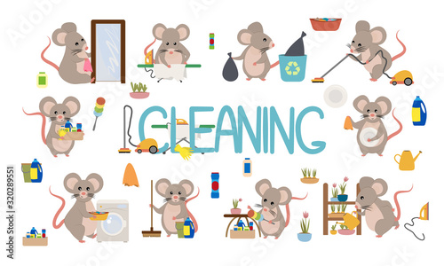 Set cute mice and rats doing housework. Rodents throw out garbage  wash dishes  wash clothes in a washing machine  vacuum clean  iron clothes  wipe mirrors  water flowers and do cleaning. Flat cartoon