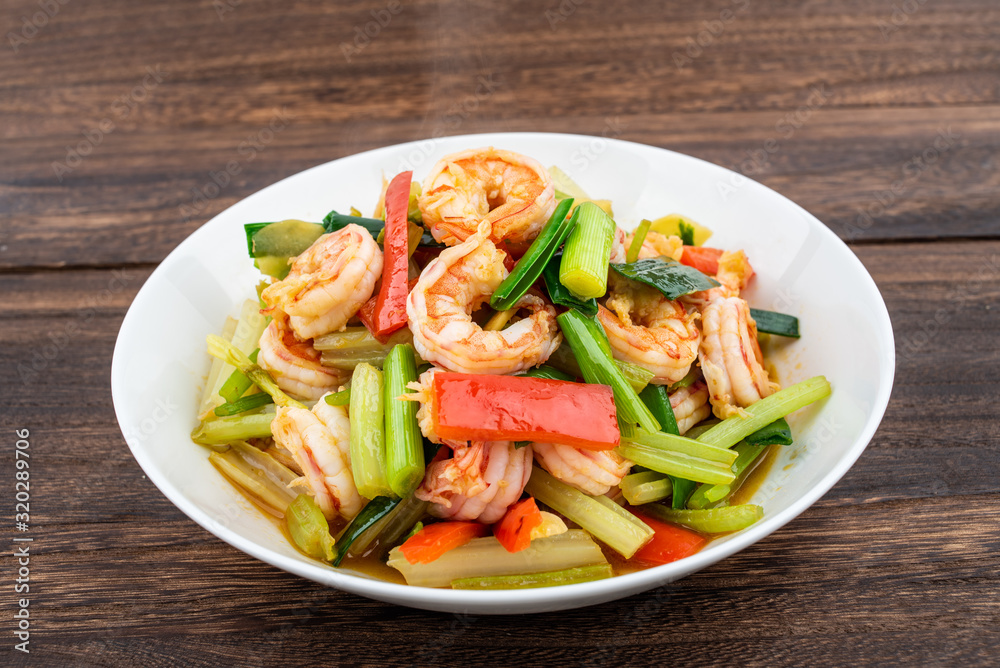 Chinese regular vegetable fried shrimp with celery Chinese regular vegetable fried shrimp with celery