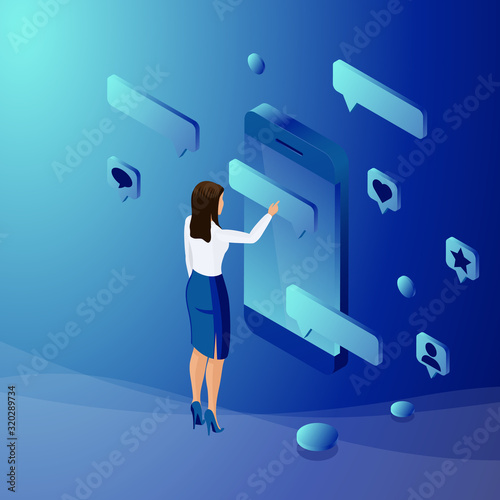 Woman stands in front of a smartphone with speech bubble and social network icons. Concept of online shopping, social networks, chat, messages, internet communication, E-Commerce