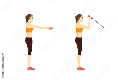 Woman using equipment for exercise with Standing one arm biceps curl with resistance band. Illustration about workout with lightweight equipment for firming Upper arm.