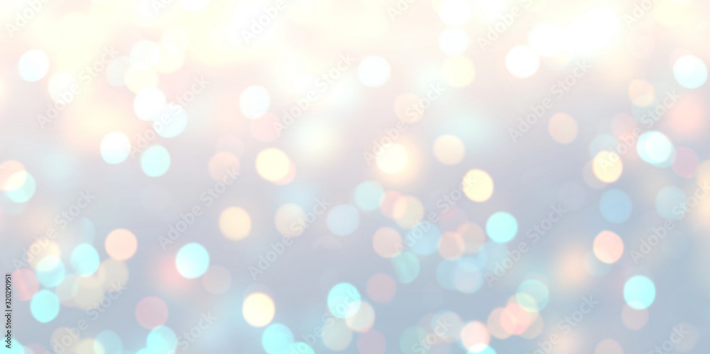 Bokeh delicate illustration. Golden glitter on pastel blue yellow soft background. Blurred texture. Defocused holiday template. Abstract sparkles pattern.