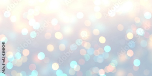 Bokeh delicate illustration. Golden glitter on pastel blue yellow soft background. Blurred texture. Defocused holiday template. Abstract sparkles pattern.