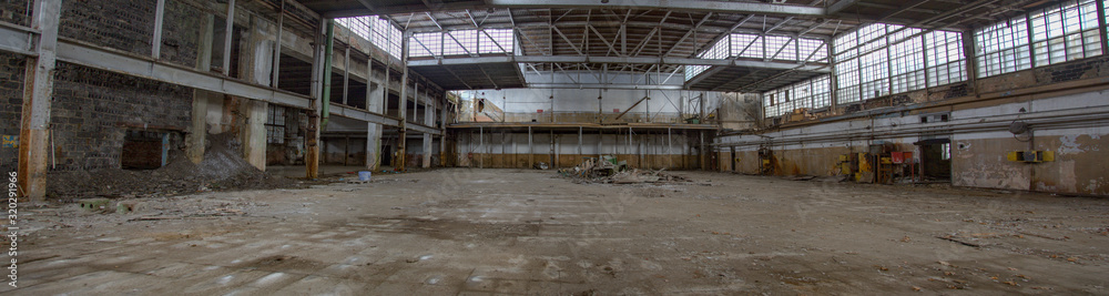 Interior of an abandoned industrial workshop. MIG Aircraft Building Plant in Moscow, Russia