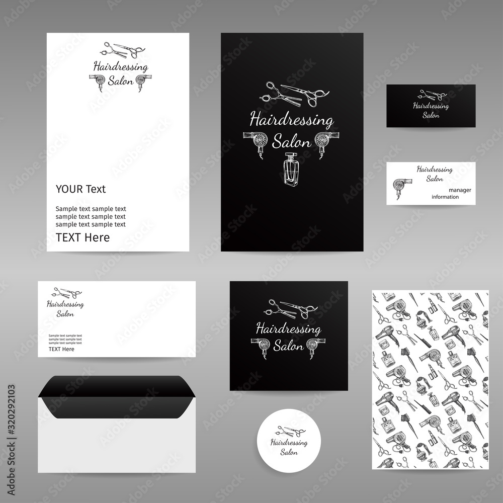 Corporate style for a hairdresser. Hand drawn sketch illustration for barbershop. Identity Hair Salon. Accessories for the hairdresser, made in graphic style. Corporate style for a hairdresser. Hand drawn sketch illustration for barbershop. Identity Hair Salon. Accessories for the hairdresser, made in graphic style.