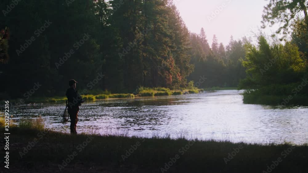 A fly fisherman stands peacefully on the shore of a brilliantly lit stream in the early morning. A fly fisherman stands peacefully on the shore of a brilliantly lit stream in the early morning.