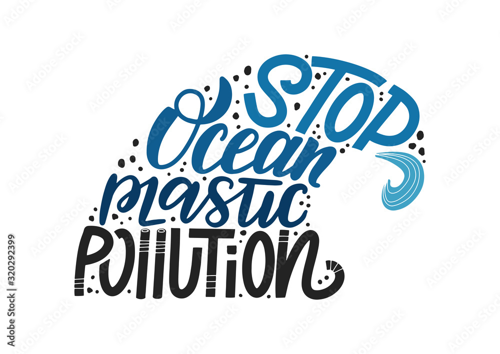 Stop ocean plastic pollution vector text illustration. Hand sketched lettering in the shape of wave. Ecology problem creative concept. environmental activism. EPS 10