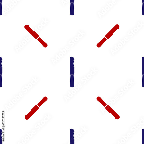 Blue and red Disposable plastic knife icon isolated seamless pattern on white background. Vector Illustration