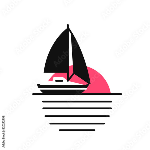Icon sunset sailboat vibrant colors pink and black. Concept summer boat sunrise
