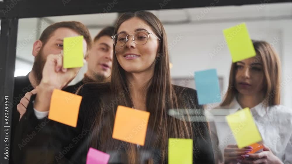 young business lady discussing with team of sticks with goals on glass young business lady discussing with team of sticks with goals on glass
