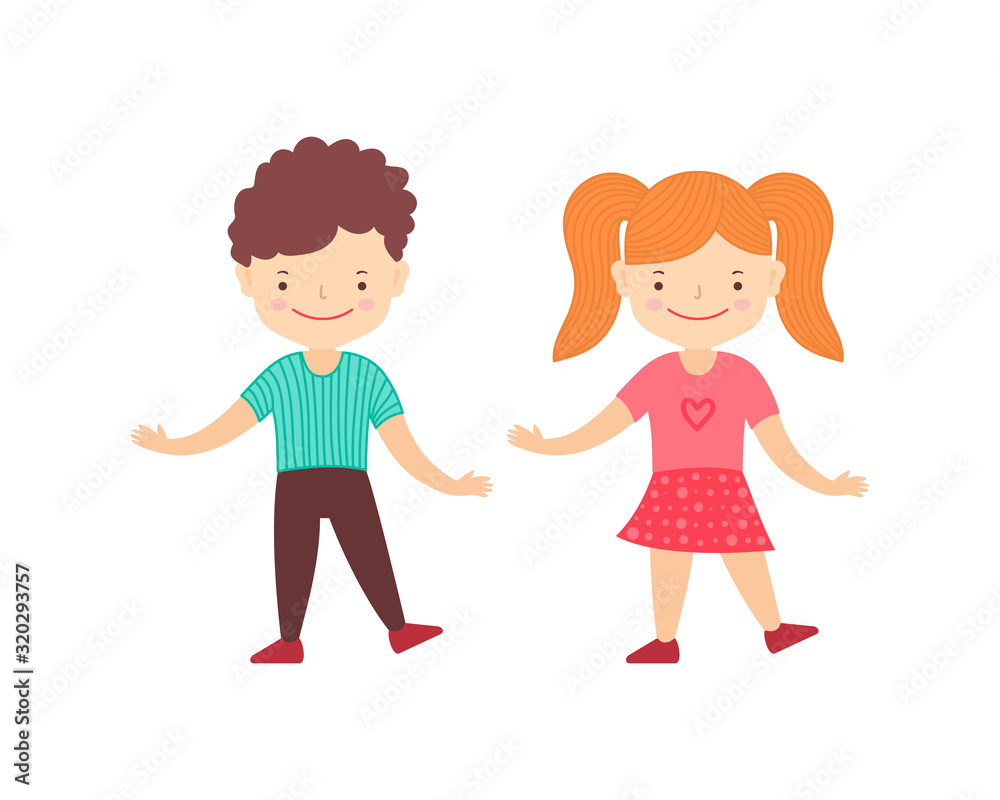 Cute happy children boy with girl dancing. Cartoon style. Vector illustration Cute happy children boy with girl dancing. Cartoon style. Vector illustration
