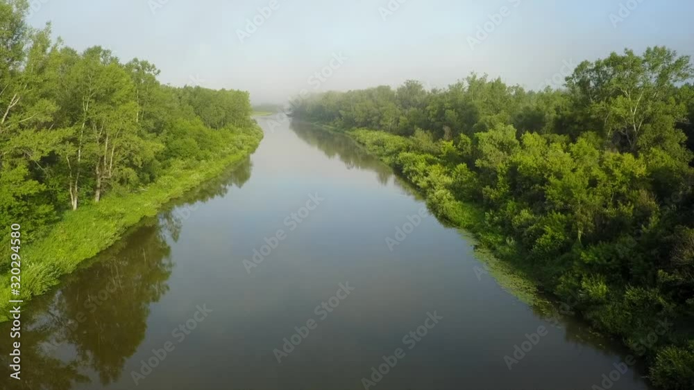 aerial view of morning forest fog river aerial view of morning forest fog river