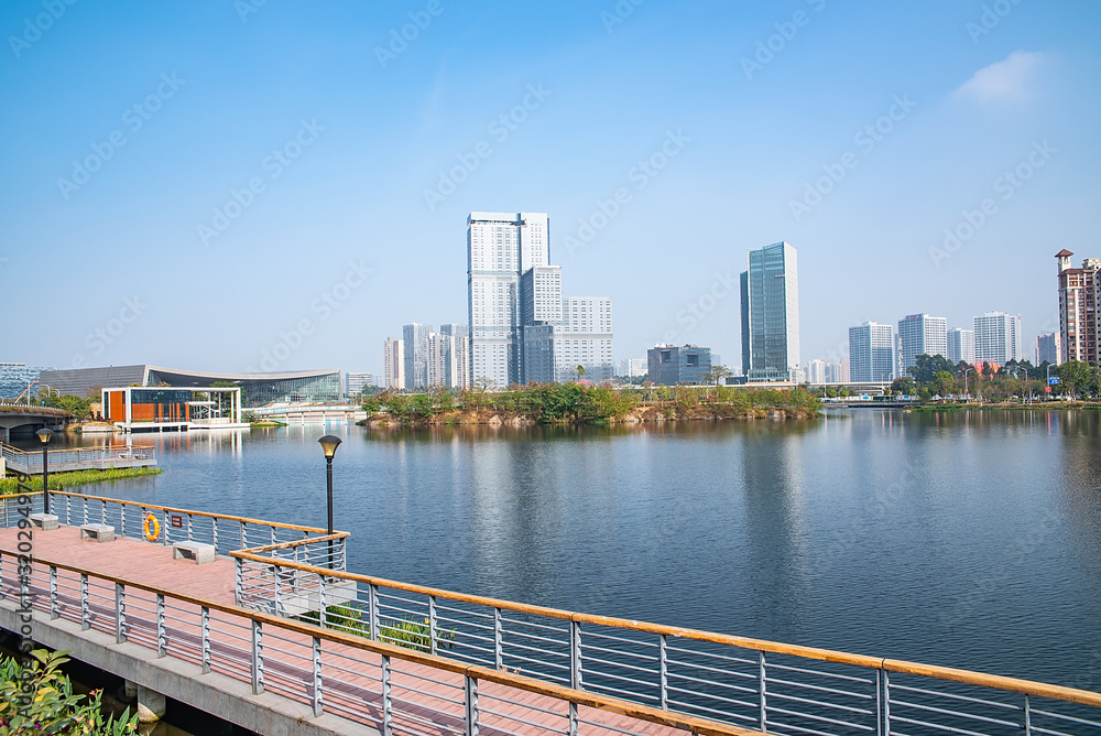 Scenery of CBD buildings and Fenghuang Lake Park in Nansha District, Guangzhou, China
