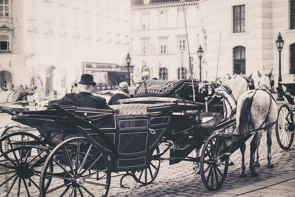 Obraz na płótnie Touristic horse carriage vintage style photo taken in Vienna, Austria w salonie