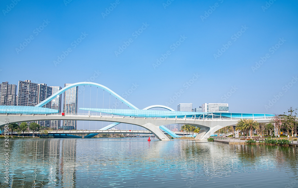 Naklejka premium Scenery of Nansha City Building and Jiaomen Bridge in Guangzhou, China