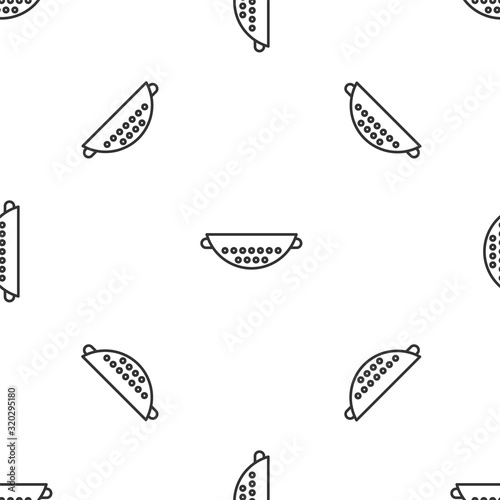 Grey line Kitchen colander icon isolated seamless pattern on white background. Cooking utensil. Cutlery sign. Vector Illustration