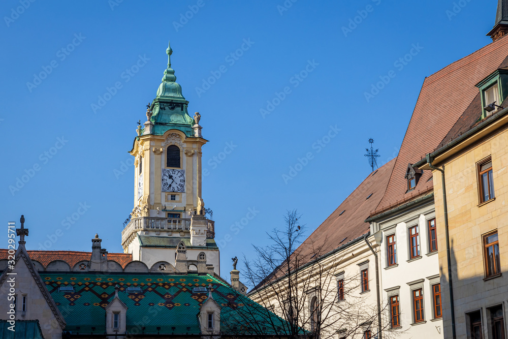 Obraz premium Bratislava Old Town Hall Clock Tower view and blue sky background