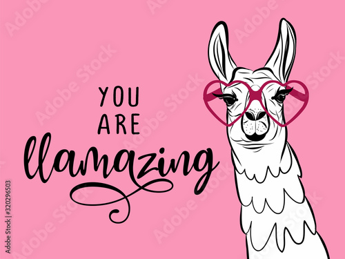 You are llamazing - funny vector quotes and llama drawing. Lettering poster or t-shirt textile graphic design. / Amazing llama character illustration on isolated pink background.