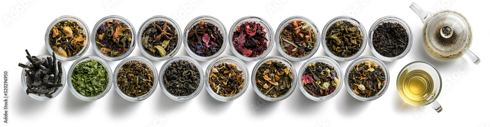 Large assortment of tea on a white background. The view from the top Large assortment of tea on a white background. The view from the top