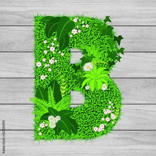 Lettre florale B - illustration vectorielle d’un gazon fleuri sur un fond de planches de bois grises.
