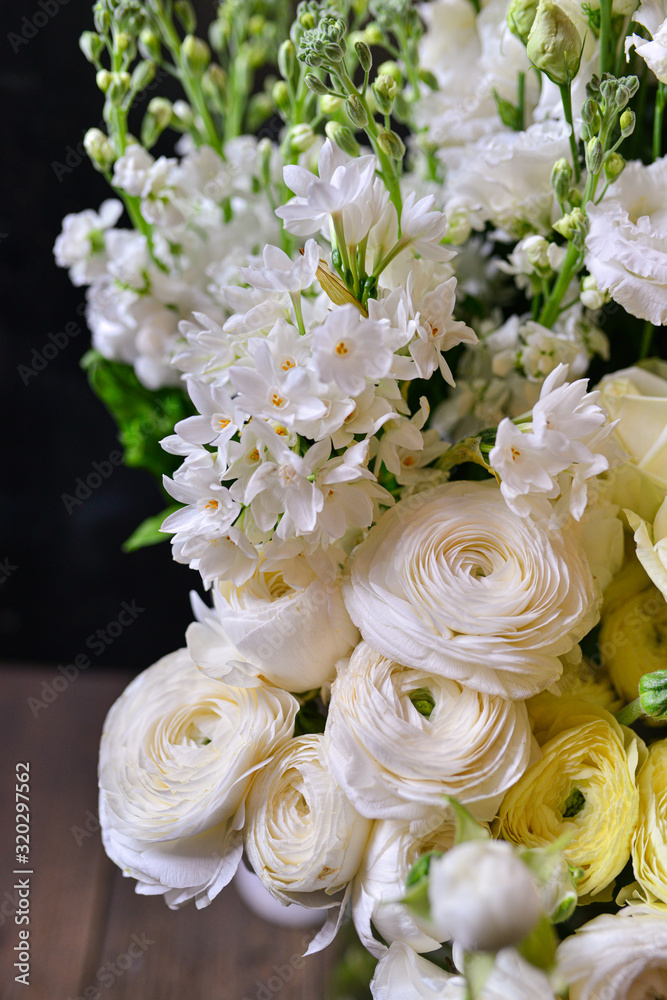 Rose cappuccino, brunia, daffodil, Eustoma, lisianthus, ranunculus, Skimia the most beautiful bouquet of flowers this year Rose cappuccino, brunia, daffodil, Eustoma, lisianthus, ranunculus, Skimia the most beautiful bouquet of flowers this year