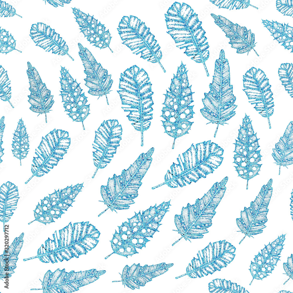 Seamless pattern with lace feather of a bird. Hand drawn watercolor illustration on a blue background. Design Easter products, wallpapers, covers, packaging, wrappers, fabrics, prints.