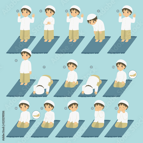 Muslim boy perform prayer or salat steps. Islamic prayer or salat guide for children vector collection