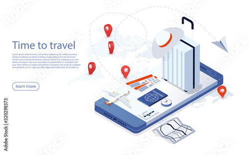 Travel, tourism and booking app, bag, passport, tickets and passenger airplane on a mobile touch screen smartphone. Travel and vacations concept with suitcase, plane ticket, passport, compass.