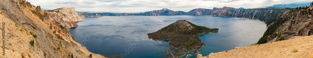 Panoramic view of Wizar Island from The Watchman lookout point in Crater Lake