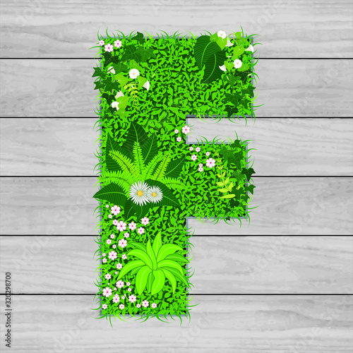 Lettre florale F - illustration vectorielle d’un gazon fleuri sur un fond de planches de bois grises.