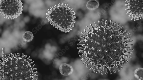 Coronavirus 2019-ncov flu outbreak 3d medical black and whiteillustration. Microscopic view of floating influenza virus cells. Dangerous asian ncov corona virus. photo
