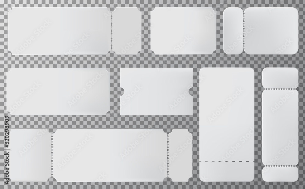 Empty ticket template. Set of blank ticket mockup template. White paper coupon event, theater or lottery travelling festival airplane modern coupon isolated on grey background Empty ticket template. Set of blank ticket mockup template. White paper coupon event, theater or lottery travelling festival airplane modern coupon isolated on grey background