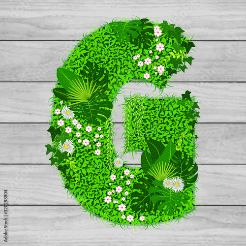 Lettre florale G - illustration vectorielle d’un gazon fleuri sur un fond de planches de bois grises.