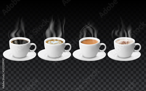 3d realistic different sorts of coffee in white cups view from the top and side. Cappuccino latte americano espresso cocoa in realistic cups. 3d model for cafe menu. photo
