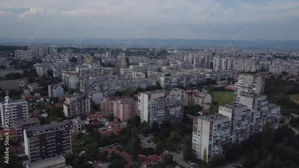 Aerial view of neighborhood with many residential buildings Aerial view of neighborhood with many residential buildings