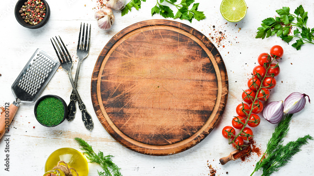 Food banner. Spices, vegetables and herbs on a white wooden background. Top view. free space for your text. Rustic style. - obrazy, fototapety, plakaty 